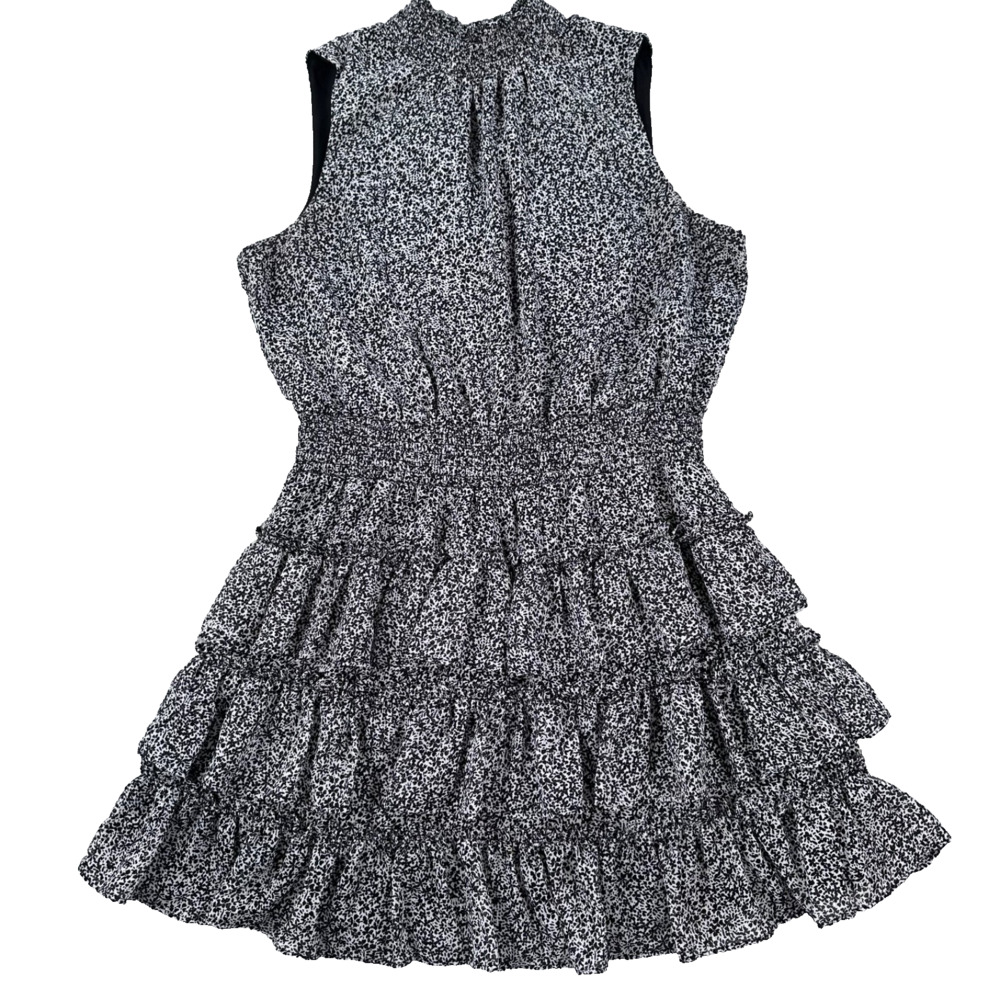 1.State Ruffled Mini Dress Size Large Black/Gray Floral Sleeveless Mock Neck